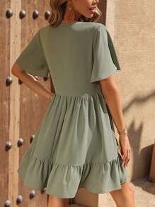 SHEIN VCAY Vestido smock de manga mariposa de cuello con cordón bajo con fruncido - verde menta - Ver 2