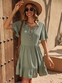 SHEIN VCAY Vestido smock de manga mariposa de cuello con cordón bajo con fruncido - verde menta - Ver 5