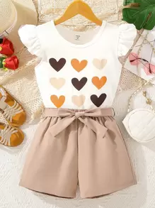 Chicas Shorts con camiseta con estampado de corazón ribete con fruncido