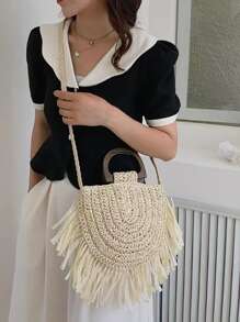 Túi Rơm Viền Viền, Hoàn Hảo Cho Kỳ Nghỉ Du Lịch Bãi Biển Mùa Hè - Màu be - Xem 1