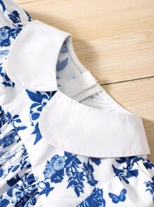 SHEIN 女小童藍色和白色花卉圖案圖案彼得潘領短袖公主裙帶全覆蓋式印花適合夏天度假