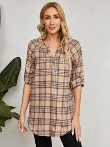 EMERY ROSE Top de cuello de muesca con estampado de cuadros de manga raglán bajo curvo - Multicolor - Ver 2