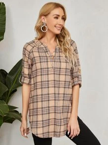 EMERY ROSE Top de cuello de muesca con estampado de cuadros de manga raglán bajo curvo - Multicolor - Ver 5