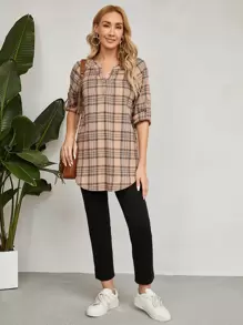 EMERY ROSE Top de cuello de muesca con estampado de cuadros de manga raglán bajo curvo - Multicolor - Ver 6