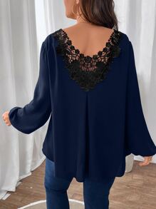 SHEIN LUNE Plus Guipure Lace Insert Lantern Sleeve Blouse - Navy Blue - View 1