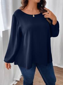 SHEIN LUNE Plus Guipure Lace Insert Lantern Sleeve Blouse - Navy Blue - View 3