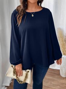SHEIN LUNE Plus Guipure Lace Insert Lantern Sleeve Blouse - Navy Blue - View 4