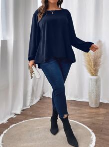 SHEIN LUNE Plus Guipure Lace Insert Lantern Sleeve Blouse - Navy Blue - View 5