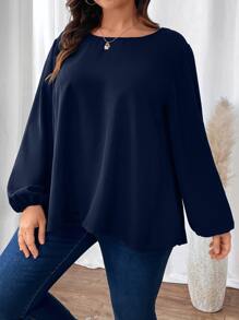 SHEIN LUNE Plus Guipure Lace Insert Lantern Sleeve Blouse - Navy Blue - View 6