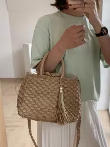 Túi rơm trang trí tua rua và ngọc trai giả, hoàn hảo cho kỳ nghỉ du lịch bãi biển mùa hè - Màu Khaki - Xem 1