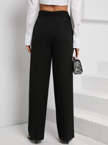 SHEIN Essnce High Waist Fold Pleated Straight Leg Trousers - Black - View 3