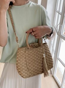 Túi rơm trang trí tua rua và ngọc trai giả, hoàn hảo cho kỳ nghỉ du lịch bãi biển mùa hè - Màu Khaki - Xem 2