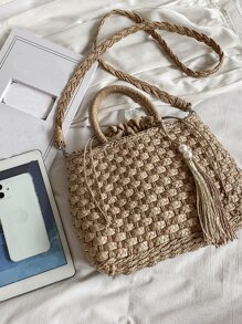 Túi rơm trang trí tua rua và ngọc trai giả, hoàn hảo cho kỳ nghỉ du lịch bãi biển mùa hè - Màu Khaki - Xem 7