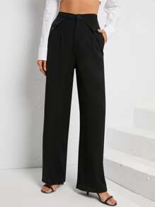 SHEIN Essnce High Waist Fold Pleated Straight Leg Trousers - Black - View 1