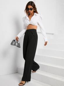 SHEIN Essnce High Waist Fold Pleated Straight Leg Trousers - Black - View 6