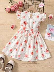 Toddler Girls Floral Print Ruffle Trim Belted Dress - White - View 2