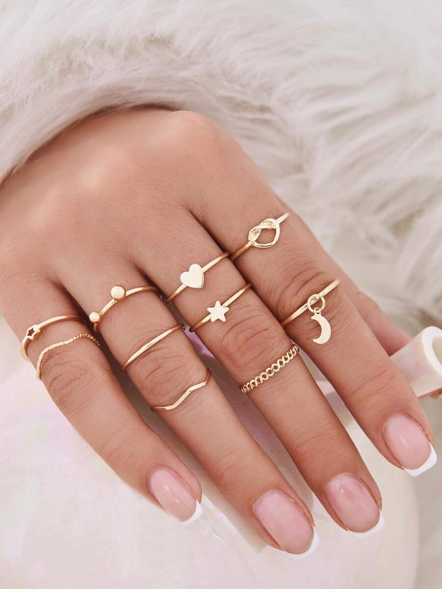 10入組星星和愛心裝飾戒指 - 金黃色 - 查看 1