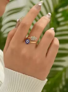 水鑽眼睛和法蒂瑪之手細節纏繞式戒指 - 金黃色 - 查看 2