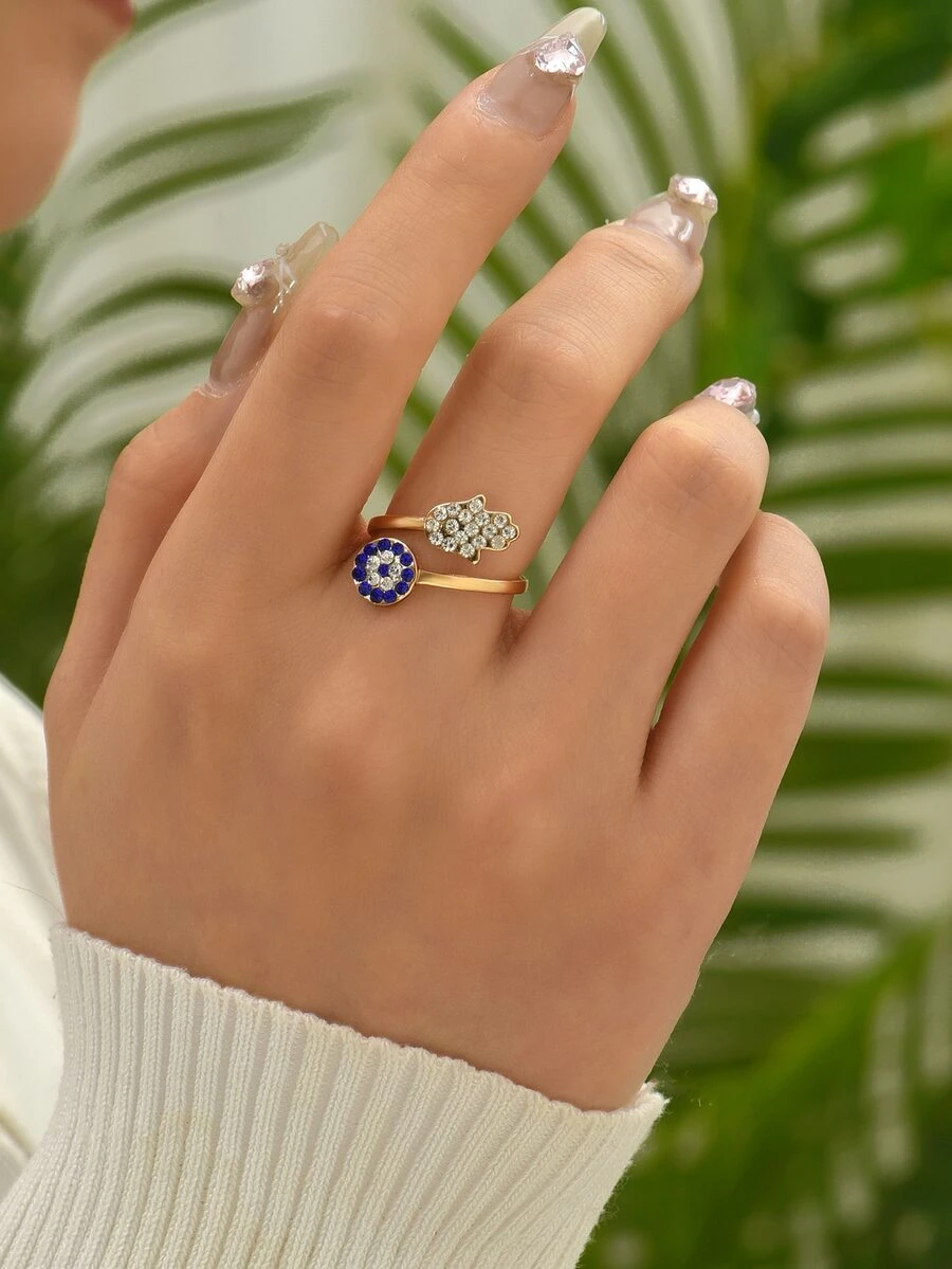 水鑽眼睛和法蒂瑪之手細節纏繞式戒指