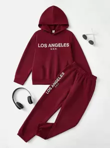 SHEIN Boys Letter Graphic Hoodie & Joggers - Burgundy - View 1