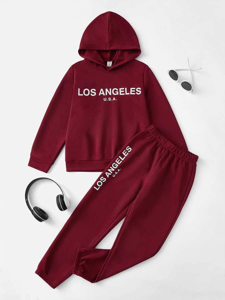 SHEIN Boys Letter Graphic Hoodie & Joggers - Burgundy - View 1