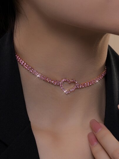 1pc Valentine's Day Heart-Shaped Rhinestone Inlaid Y2k Style Party Necklace, Suitable For Parties And Festivals Valentines