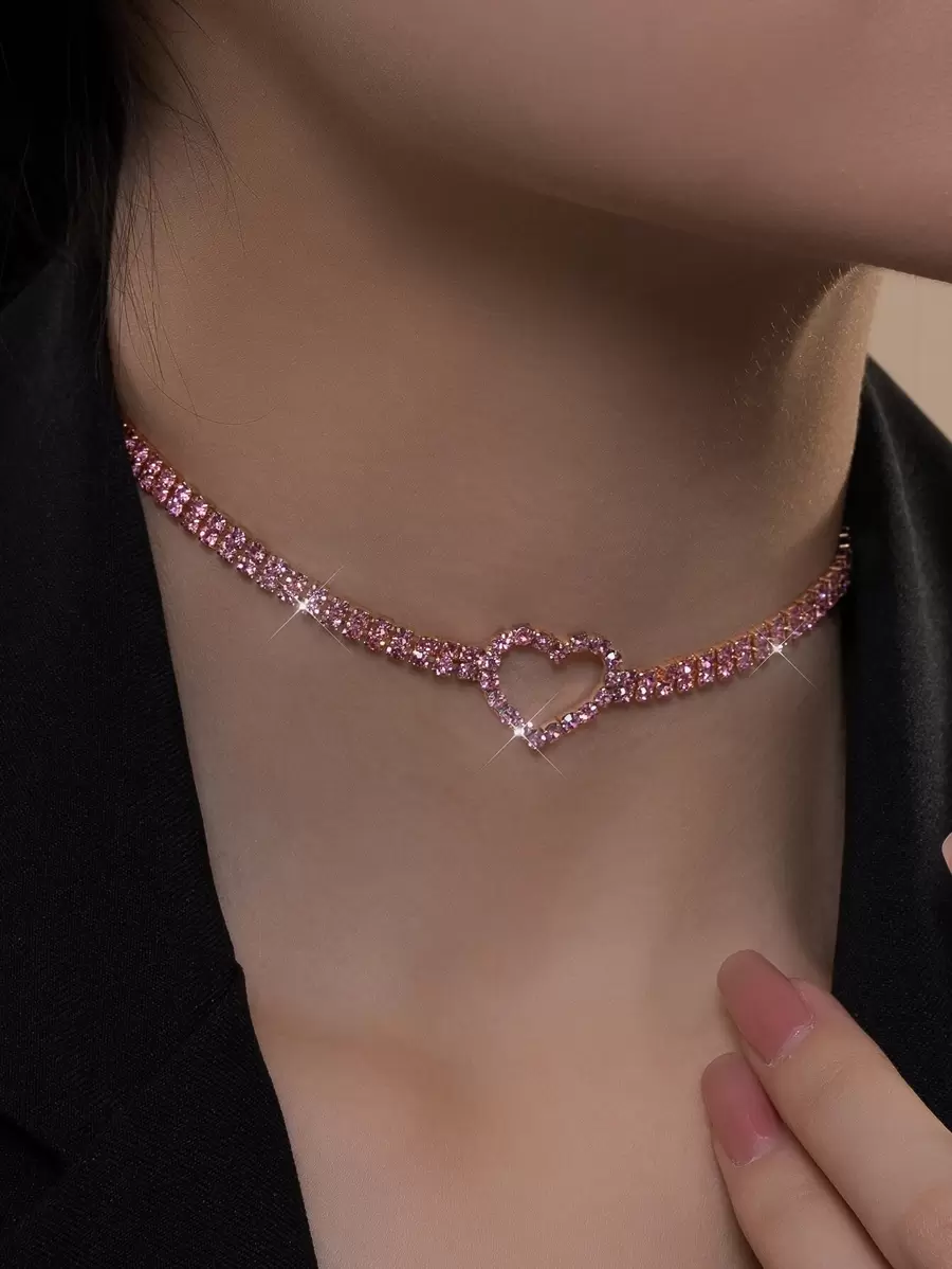 1pc Valentine's Day Heart-Shaped Rhinestone Inlaid Y2k Style Party Necklace, Suitable For Parties And Festivals Valentines - Pink - View 1