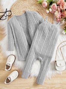 SHEIN Leap Crew Abrigo Delantero Abierto Para Bebé Niña Y Monos De Punto Acanalado - Gris Claro - Ver 1