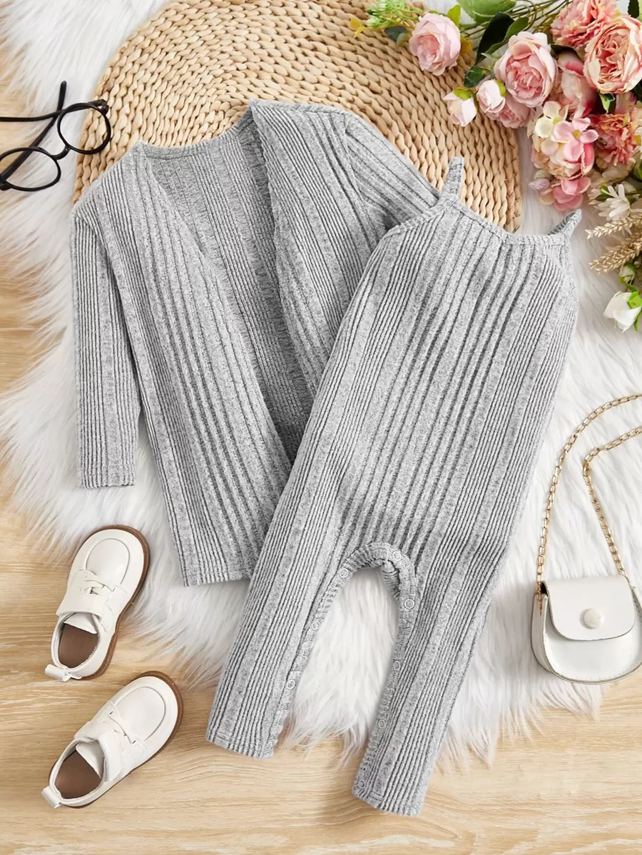 SHEIN Leap Crew Abrigo Delantero Abierto Para Bebé Niña Y Monos De Punto Acanalado - Gris Claro - Ver 1