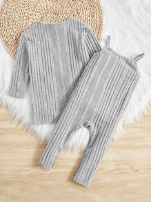 SHEIN Leap Crew Abrigo Delantero Abierto Para Bebé Niña Y Monos De Punto Acanalado - Gris Claro - Ver 2