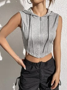 Muchica Zip Up Drawstring Hooded Crop Jacket - Grey - View 1