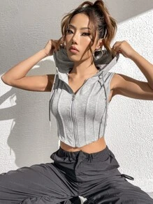 Muchica Zip Up Drawstring Hooded Crop Jacket - Grey - View 2