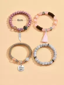 4pcs Wing & Tassel Charm Beaded Bracelet - Pink - View 3