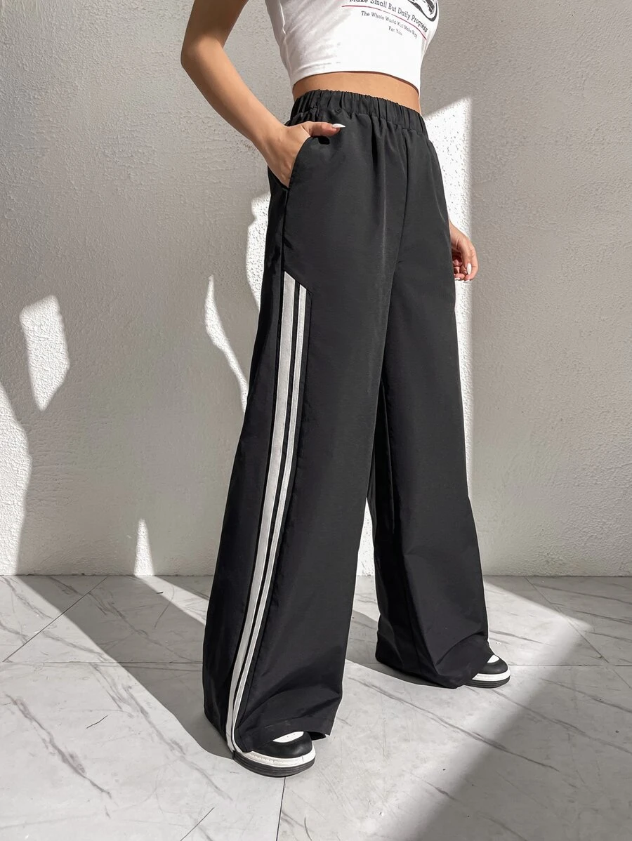 SHEIN EZwear 側拼接織帶闊腿褲