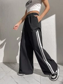SHEIN EZwear 側拼接織帶闊腿褲