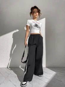 SHEIN EZwear 側拼接織帶闊腿褲