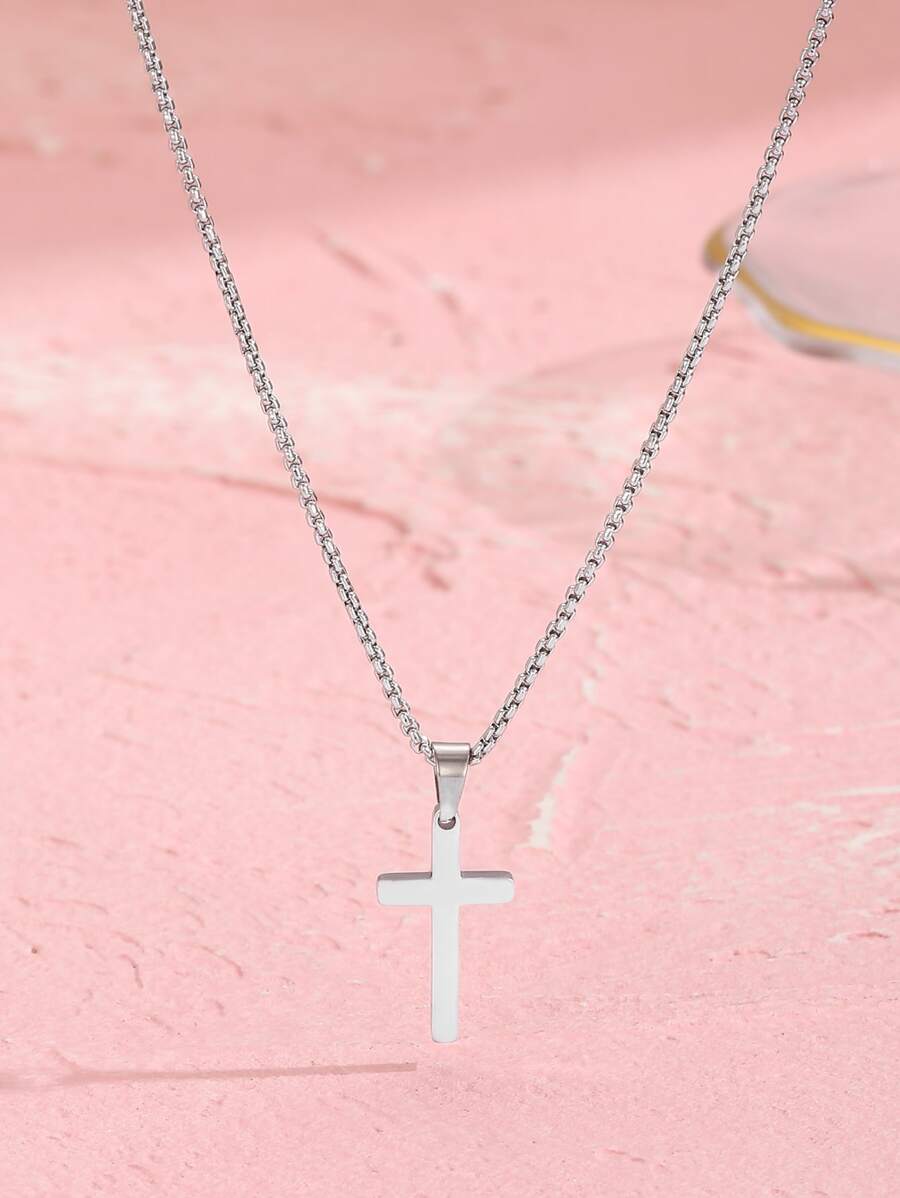 1pc simple design cross necklace for young girls for daily wear - Silver - View 1