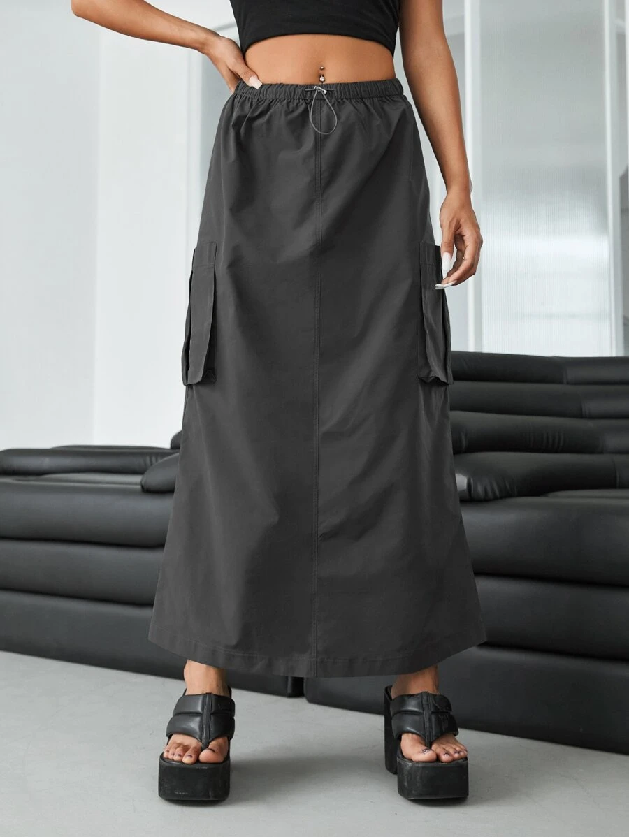 SHEIN ICON Gorpcore Pocket Side Drawstring Waist Parachute Skirt - Dark Grey - View 1
