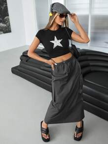 SHEIN ICON Gorpcore Pocket Side Drawstring Waist Parachute Skirt - Dark Grey - View 3