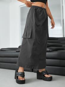SHEIN ICON Gorpcore Pocket Side Drawstring Waist Parachute Skirt - Dark Grey - View 4