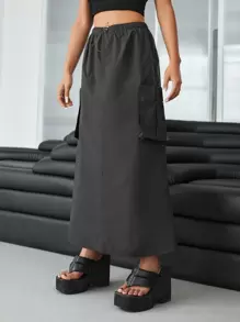 SHEIN ICON Gorpcore Pocket Side Drawstring Waist Parachute Skirt - Dark Grey - View 5