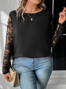 SHEIN LUNE Plus Contrast Lace Sleeve Blouse - Black - View 1