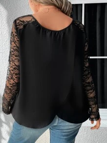 SHEIN LUNE Plus Contrast Lace Sleeve Blouse - Black - View 2