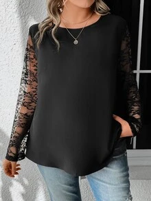 SHEIN LUNE Plus Contrast Lace Sleeve Blouse - Black - View 4