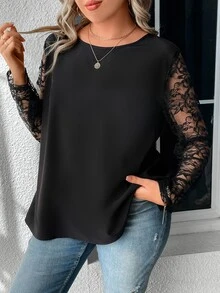 SHEIN LUNE Plus Contrast Lace Sleeve Blouse - Black - View 5