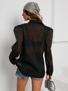 SHEIN Essnce Puff Sleeve Sheer Shirt Without Bra - Black - View 3
