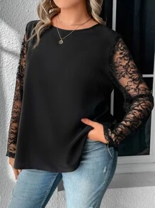 SHEIN LUNE Plus Contrast Lace Sleeve Blouse - Black - View 6