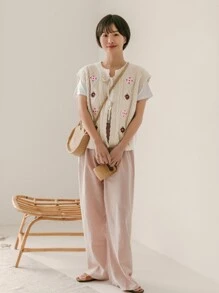 DAZY 花卉刺繡前繫帶毛衣背心不帶襯衫 - 米色 - 查看 12