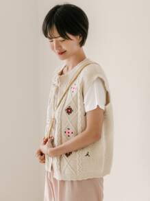 DAZY 花卉刺繡前繫帶毛衣背心不帶襯衫 - 米色 - 查看 10