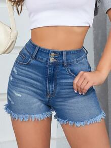 Shorts mezclilla desgarro bajo crudo de talle alto - Azul lavado medio - Ver 1